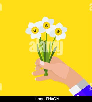 Einen Mann hält der Frühling Narzissen Blumen Hintergrund Vector Illustration Stock Vektor