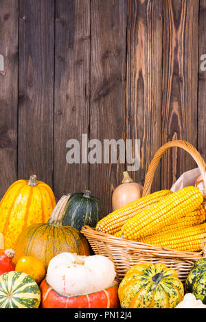 Herbst Thanksgiving Motiv mit einem Korb voll mit Maiskolben und verschiedene bunte Kürbisse auf einem alten rustikalen Holzmöbeln Hintergrund mit Kopie Platz im Stockfoto