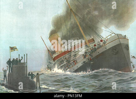 RMS Falaba untergang am 28. März 1915, britischen Dampfer RMS Falaba war torpediert und vom Deutschen U-Boot U-28 Stockfoto