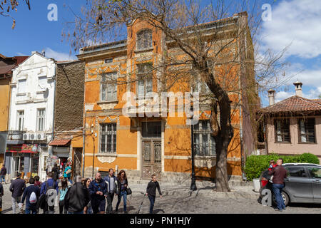 Typische verzierten Gebäude auf ul. Der aborna" in der historischen Altstadt von Plovdiv, Bulgarien. Stockfoto