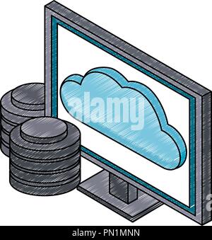 Computer mit Festplatten und Cloud isometrische scribble Stock Vektor