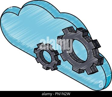 Cloud Computing und Zahnräder isometrische Symbol scribble Stock Vektor