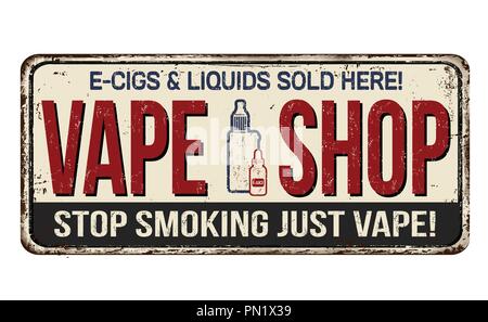 Vape shop Vintage rostiges Metall Zeichen auf weißem Hintergrund, Vector Illustration Stock Vektor