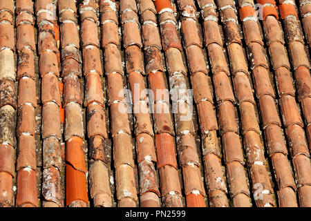 Ein Teil der Ziegel auf dem Dach eines Hauses Gebäude, Nahaufnahme. Einen roten Fliesen Terracotta Dach. Die orange Dachziegel, Maps und Texturen. Textur von Fliesen. Stockfoto