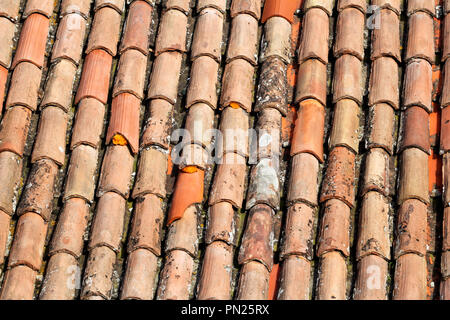 Ein Teil der Ziegel auf dem Dach eines Hauses Gebäude, Nahaufnahme. Einen roten Fliesen Terracotta Dach. Die orange Dachziegel, Maps und Texturen. Textur von Fliesen. Stockfoto