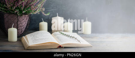 Kultiviert Topfpflanzen rosa calluna vulgaris oder gemeinsamen Heather Blumen stehen auf Holz- Hintergrund mit einem alten Buch, Banner Stockfoto