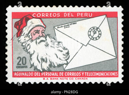 PERU - ca. 2001: einen Stempel in Peru gedruckt zeigt Portrait von Santa Claus mit weihnachtsbrief, circa 2001. Stockfoto