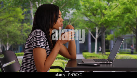 Attraktive schwarze Frau im freien Kaffee trinken und Surfen auf Ihrem Laptop Stockfoto