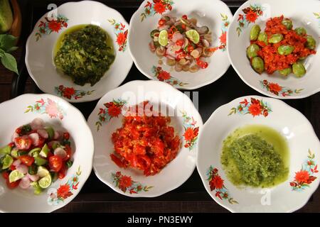 Aneka Sambal Nusantara. Traditionelle scharfe Gewürze aus mehreren regionalen Küchen in Indonesien. Stockfoto