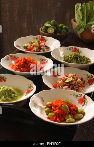 Aneka Sambal Nusantara. Traditionelle scharfe Gewürze aus mehreren regionalen Küchen in Indonesien. Stockfoto