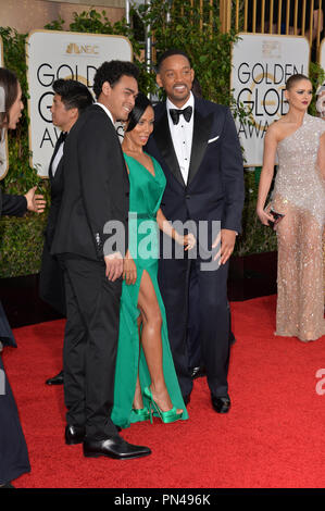 Will Smith und Jada Pinkett Smith & Jaden Smith auf dem 73. jährlichen Golden Globe Awards im Beverly Hilton Hotel. Januar 10, 2016 Beverly Hills, CA Stockfoto