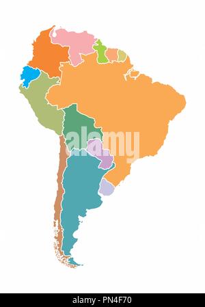 Eine bunte Karte von Südamerika auf weißem Hintergrund Stock Vektor