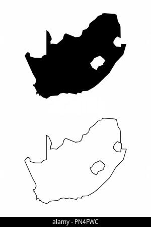 Vereinfachte Landkarten von Südafrika. Schwarze und weiße Umrisse. Stock Vektor