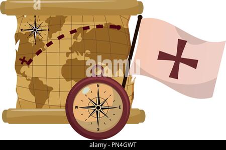 Globale Karte mit Kompass und Flagge Kreuz Stock Vektor