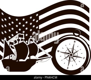 Usa-Flagge mit Schiff segelt und Kompass Stock Vektor