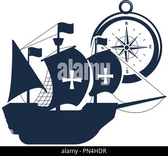 Schiff segelt Kreuz mit Fahnen und Kompass Stock Vektor