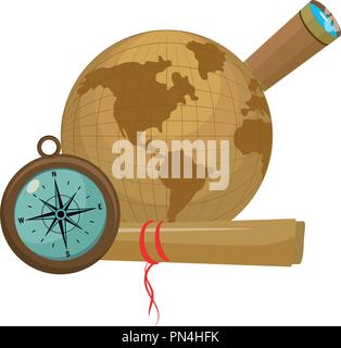 Kreis globale Karte mit Kompass und Monokular Stock Vektor
