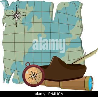 Globale Karte mit Fernrohr und Kompass mit Hut Stock Vektor
