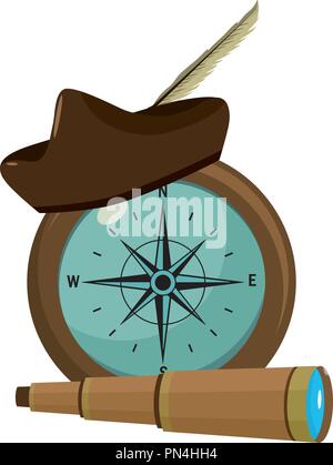 Kompass mit Hut und Monokulare Navigation Tools Stock Vektor