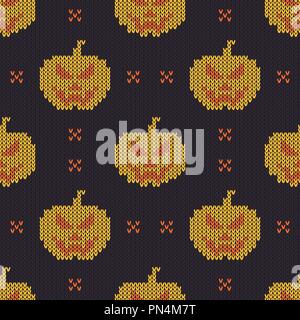 Halloween Strickmuster. Nahtlose Stricken Textur mit niedlichen Kürbis. Design für Pullover, Schal, Tröster oder Kleidung Textur. Vector Illustration. Stock Vektor