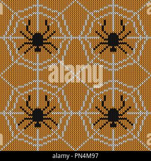 Halloween Strickmuster. Nahtlose Stricken Textur mit Spinne und Web. Design für Pullover, Schal, Tröster oder Kleidung Textur. Vector Illustration Stock Vektor