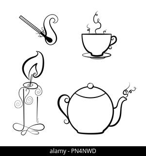 Kerze, Streichholz, Teekanne und eine Tasse Tee. Malbuch. Vektorabbildung. Komfort zu Hause. Stock Vektor