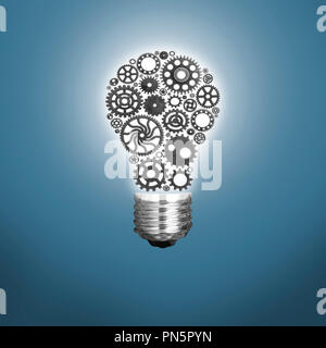 Innovation mit Ideen und Konzepten mit einer Glühbirne Zahnräder arbeiten Business isoliert Stockfoto