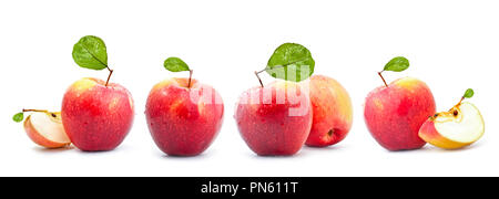 Sammlung von roten Äpfeln mit Blatt isoliert auf weißem Hintergrund Stockfoto