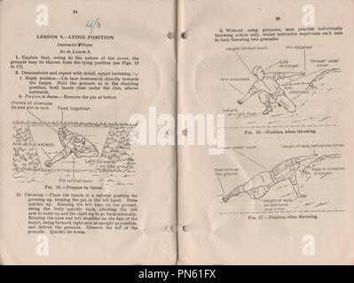 Kleinwaffen Training Handbuch Band 1 Broschüre Nr. 13 Granate oder Mühlen Bombe im Jahr 1937, die durch den Krieg Büro veröffentlicht Anweisung zur britischen Militärs auf, wie man die Handgranate bei der Vorkriegszeit und Weltkrieg zwei verwenden. Stockfoto