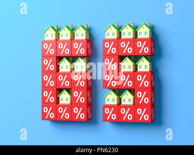 Anzahl 60 5 Mit Miniatur Häuser und roten Prozentsatz Bausteine. 3D-Rendering. Stockfoto