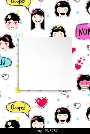 Mädchen Banner mit Anime emoji Muster. Süße Aufkleber mit emotico Stock Vektor