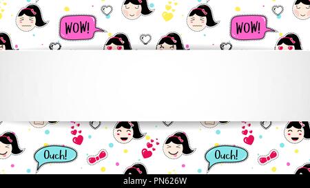 Mädchen Banner mit Anime emoji Muster. Süße Aufkleber mit emotico Stock Vektor
