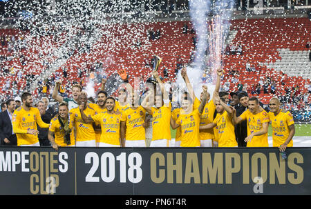 Toronto, Kanada. 19 Sep, 2018. Spieler der Mexikanischen UANL Tigres feiern Sieg mit Trophäe während der Verleihung des Eröffnungs Campeones Pokalspiel zwischen dem kanadischen Toronto FC und Mexikos UANL Tigres am BMO Feld in Toronto, Kanada, Sept. 19, 2018. Mexikos UANL Tigres gewann 3-1 und behauptete den Titel. Die campeones Schale, im Jahr 2018 gegründet, ist eine jährliche Nordamerikanischen Fußball-Wettbewerb zwischen den Meistern der vorherigen Major League Soccer Saison und der Gewinner von Liga MX bestritten. Credit: Zou Zheng/Xinhua/Alamy leben Nachrichten Stockfoto