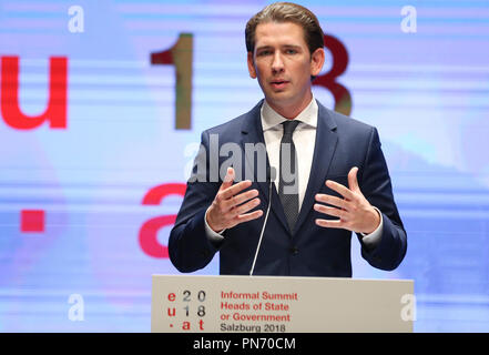 Salzburg, Österreich. 20 Sep, 2018. Der österreichische Kanzler Sebastian Kurz spricht während einer Pressekonferenz nach dem Informellen Gipfel der Europäischen Union in Salzburg, Österreich, Sept. 20, 2018. Credit: Ihr Pingfan/Xinhua/Alamy leben Nachrichten Stockfoto