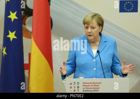 Salzburg, Österreich. 20 Sep, 2018. Die deutsche Bundeskanzlerin Angela Merkel spricht in der Pressekonferenz nach dem Informellen Gipfel der Europäischen Union in Salzburg, Österreich, Sept. 20, 2018. Credit: Ihr Pingfan/Xinhua/Alamy leben Nachrichten Stockfoto