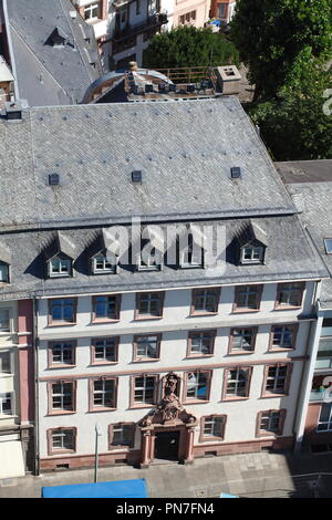 Historische Hausfassade, Blick aus dem Turm der Kathedrale, Römerberg, Altstadt rekonstruiert, Frankfurt am Main, Hessen, Deutschland, Europa ich Rekonstruierte h Stockfoto