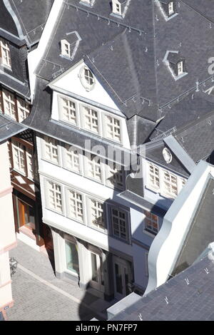 Historische Hausfassade, Blick aus dem Turm der Kathedrale, Römerberg, Altstadt rekonstruiert, Frankfurt am Main, Hessen, Deutschland, Europa ich Rekonstruierte h Stockfoto