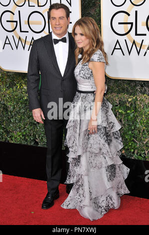 John Travolta und Kelly Preston auf dem 74. jährlichen Golden Globe Awards statt Im Beverly Hilton Hotel in Beverly Hills, CA, USA, 8. Januar 2017. Foto von PRPP/PictureLux Datei Referenz # 33198 1023 PRPP 01 nur für redaktionelle Verwendung - Alle Rechte vorbehalten Stockfoto