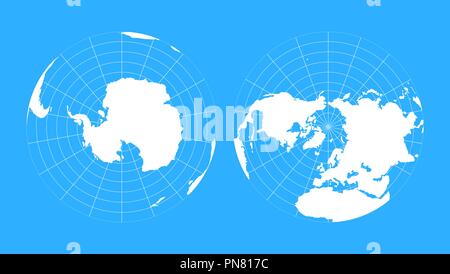 Arktis und Antarktis Globus Hemisphären. Weltkarte in blueprint Stil Stock Vektor
