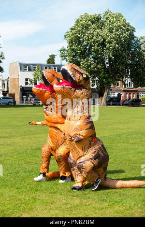 Zwei Menschen tragen aufblasbare Dinosaurier Kostüme (T-Rex) für Fancy Dress Spaziergang über das Twickenham Green, Großbritannien Stockfoto