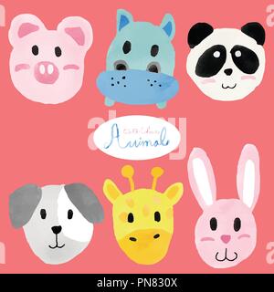 Aquarell niedliche Tier Gesichter, Schwein, Hippo, Panda, Hund, Giraffe, Kaninchen Stock Vektor