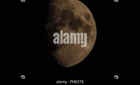 Whispers of the Moon: Eine himmlische Serenade, die im ätherischen Glanz des Halbmondes getaucht ist, entfaltet der Nachthimmel eine Geschichte des kosmischen Wunders. Stockfoto