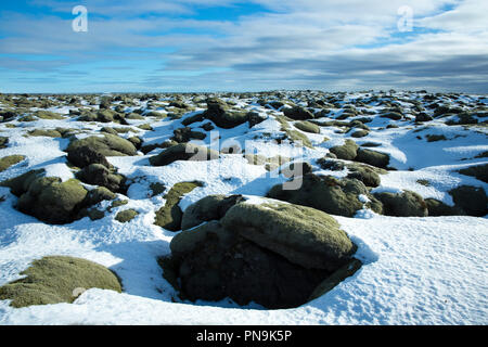 Vulkanischer lava Mounds Feld wie Mondlandschaft zwischen Vik und Kirkjubaejarklaustur von Katla Vulkan im Süden Islands in der Nähe Stockfoto