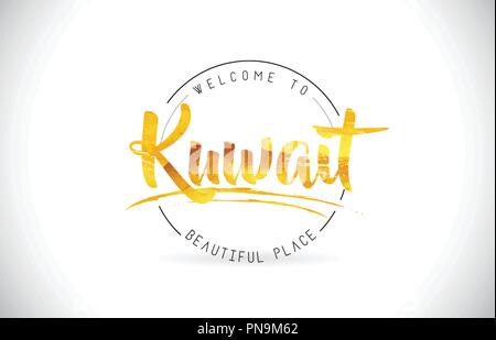 Kuwait Willkommen bei Wort Text mit handschriftlichen Font und Golden Textur Design Illustration Vektor. Stock Vektor