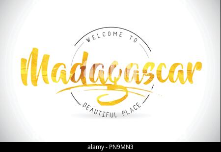 Madagaskar Willkommen bei Wort Text mit handschriftlichen Font und Golden Textur Design Illustration Vektor. Stock Vektor