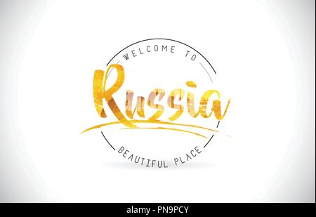 Russland Willkommen in Wort Text mit handschriftlichen Font und Golden Textur Design Illustration Vektor. Stock Vektor