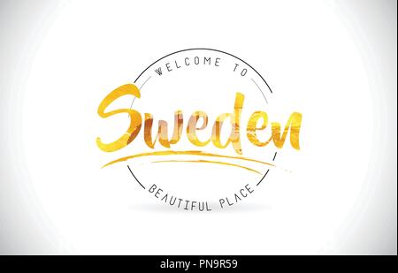 Schweden Willkommen bei Wort Text mit handschriftlichen Font und Golden Textur Design Illustration Vektor. Stock Vektor