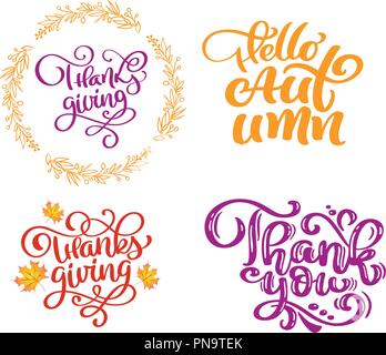 Einstellen der Kalligraphie Phrasen Hallo Herbst, vielen Dank für das Erntedankfest. Ferienwohnung Familie Positive Zitate Schriftzug. Postkarte oder Poster grafik design Typografie Element. Hand Vektor geschrieben Stock Vektor