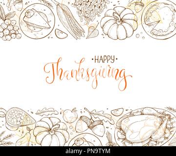 Happy Thanksgiving Day Grußkartenvorlage. Danksagung Poster mit gebratener Truthahn, Pumpkin Pie und aconrs Skizzen. Horizontale Komposition mit t Stock Vektor