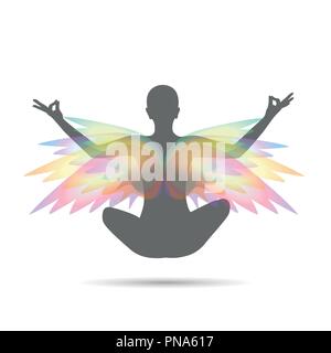 Junge Person in Yoga Meditation sitzen Lotus Position mit bunten Flügeln silhouette Vektor-illustration EPS 10. Stock Vektor
